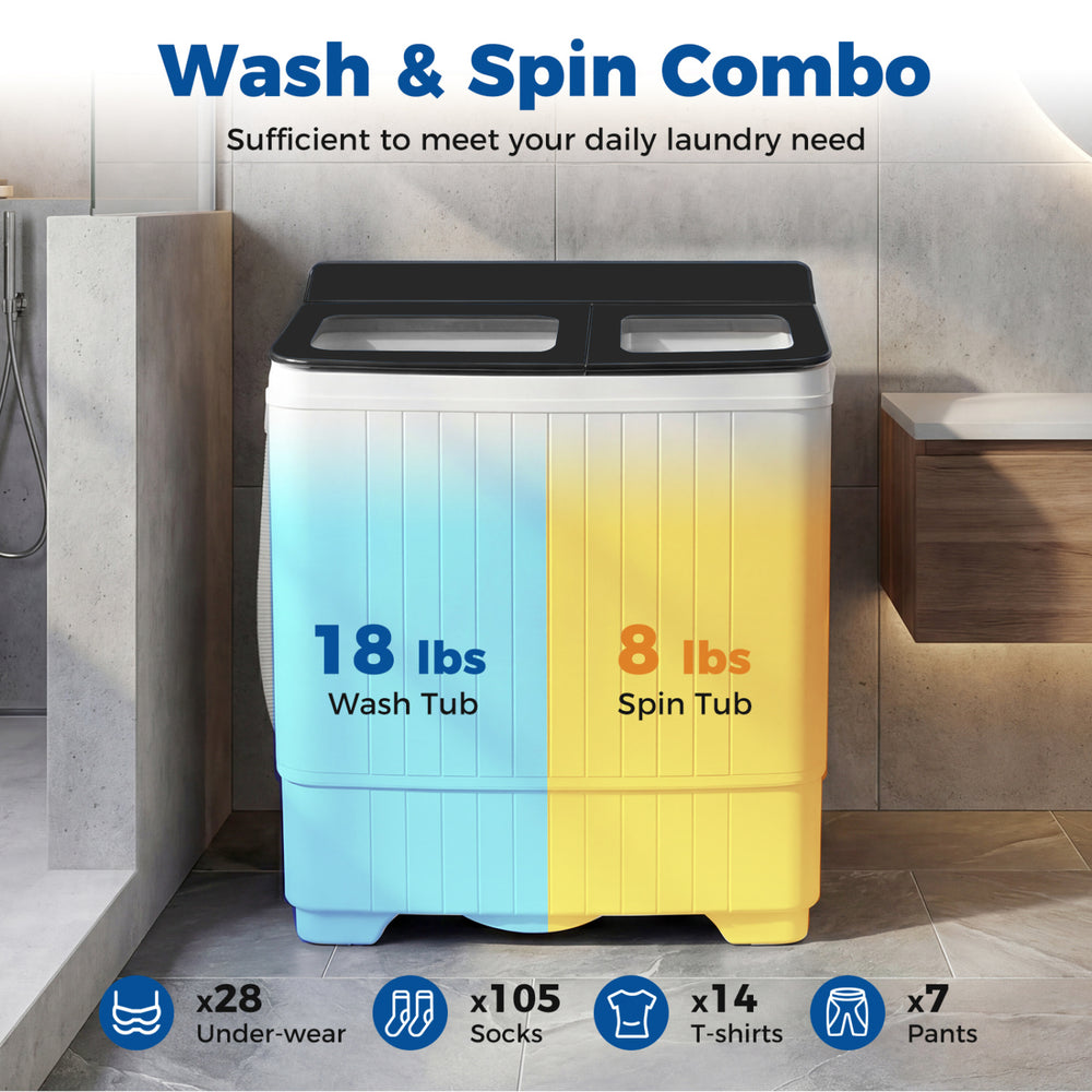 Portable washing machine with 18 lbs washer and 8 lbs spinner combo, designed for efficient laundry at home or.