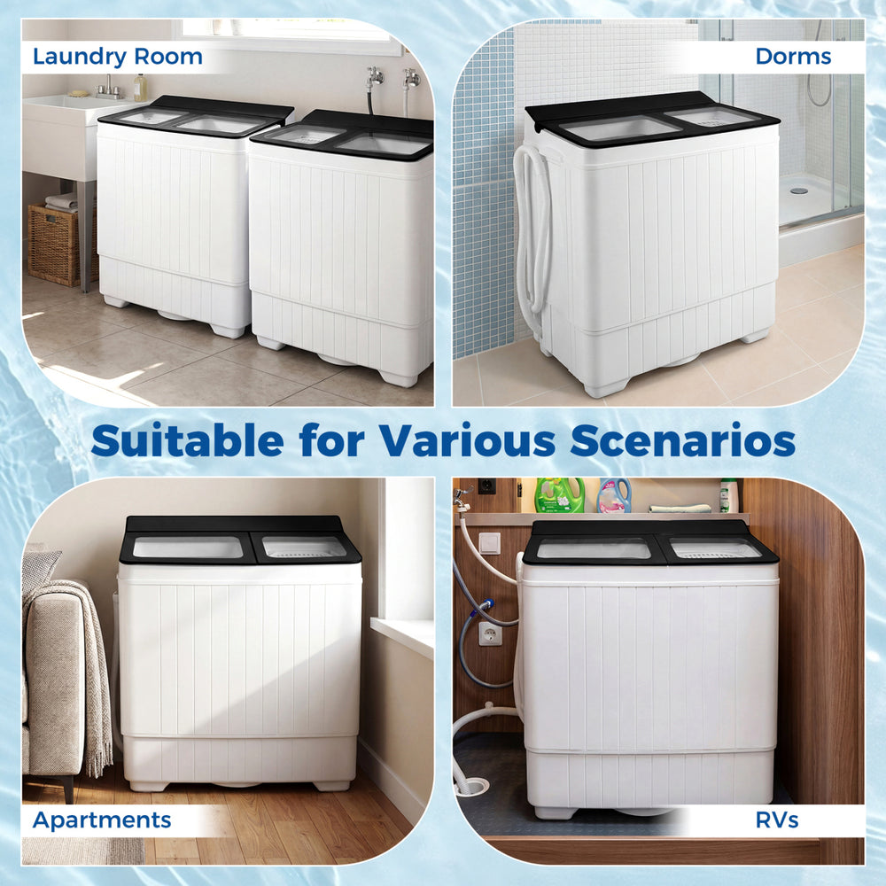 Portable washing machine with twin tub design, 18 lbs washer, and 8 lbs spinner, ideal for apartments and RVs.