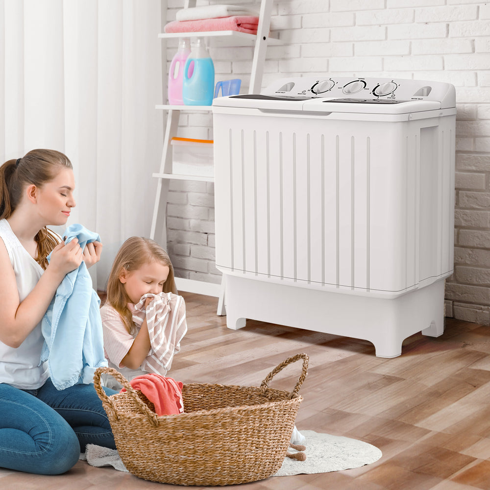 Side view of the 20 lbs portable washing machine showcasing built-in handles and compact design for easy transportation.
