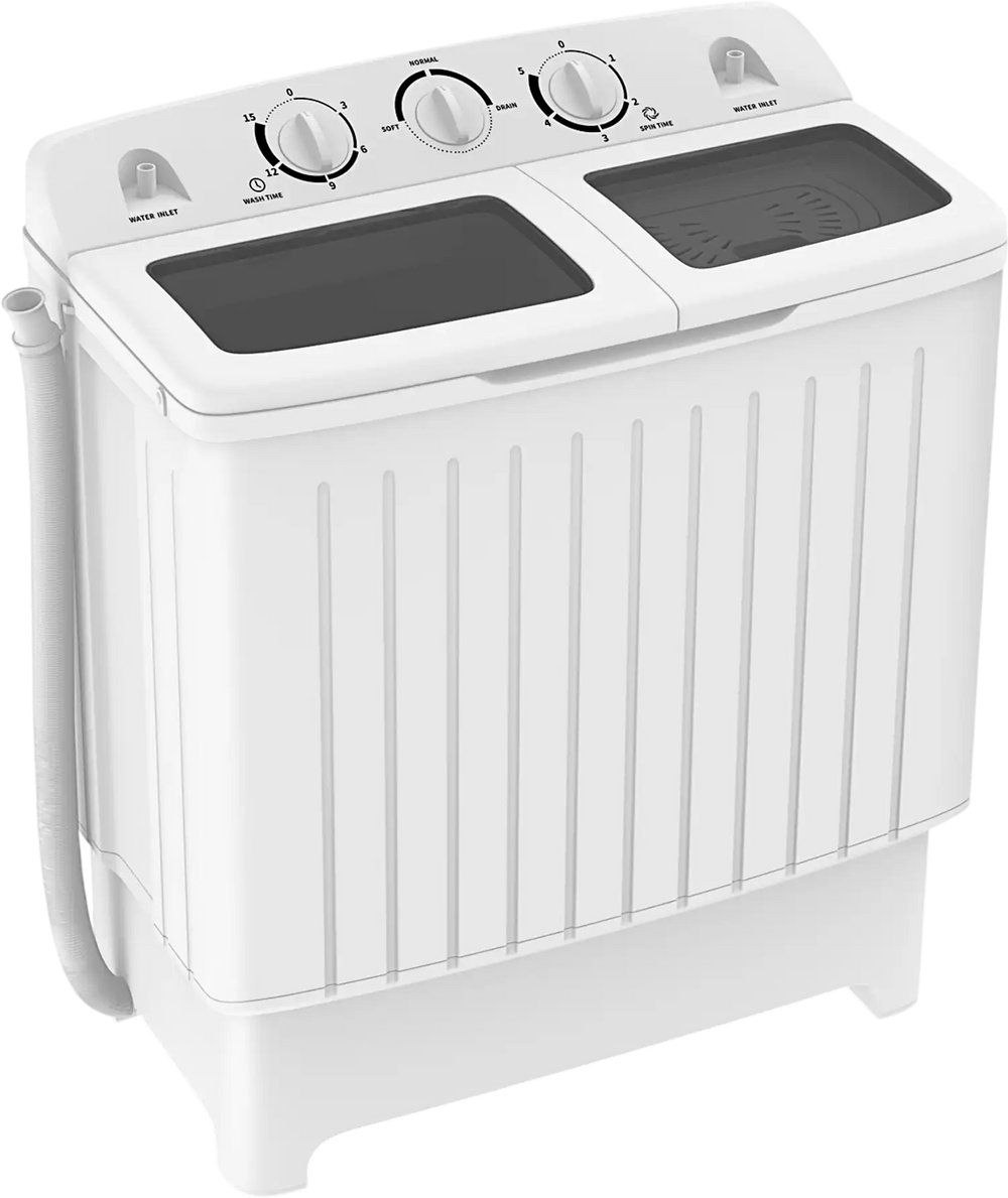 Portable washing machine with twin tub design, 20 lbs capacity, and transparent lid for easy laundry monitoring.