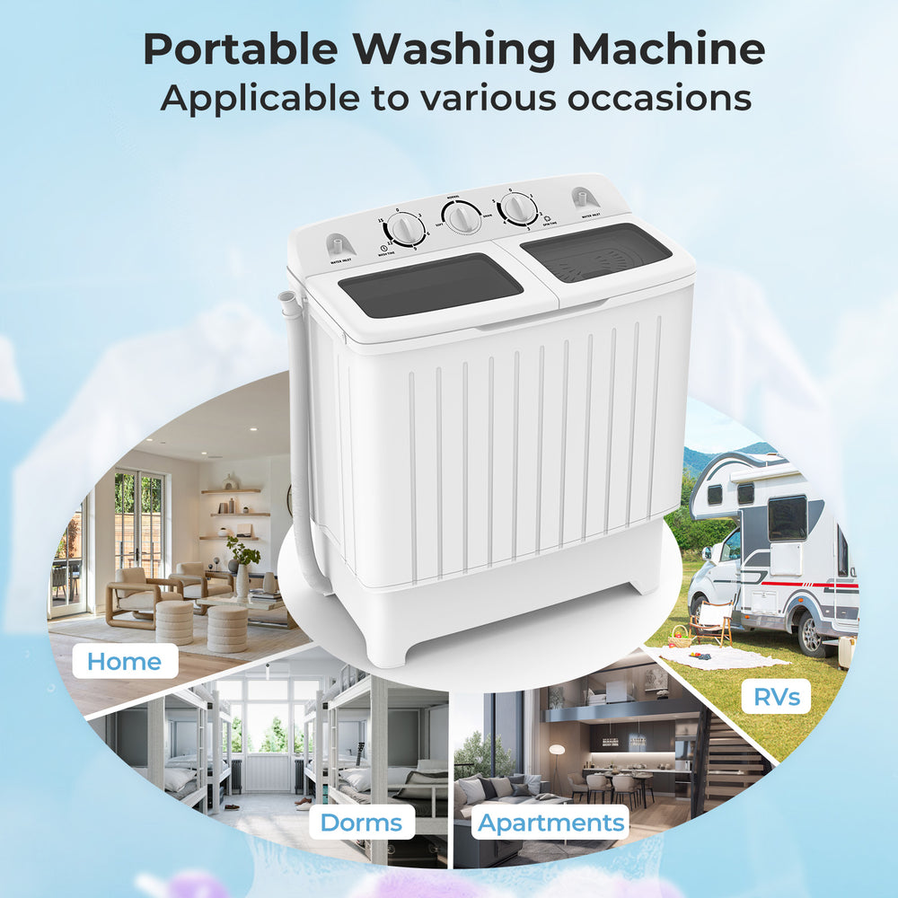 Portable washing machine with twin tub design, 20 lbs capacity, ideal for RVs, apartments, and dorms.
