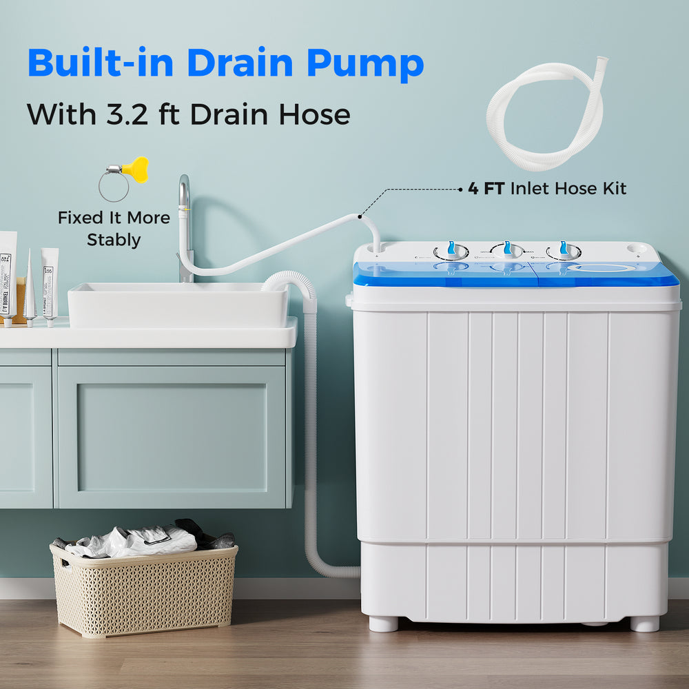 Portable washing machine with built-in drain pump and 3.2 ft drain hose, ideal for laundry rooms and small spaces.