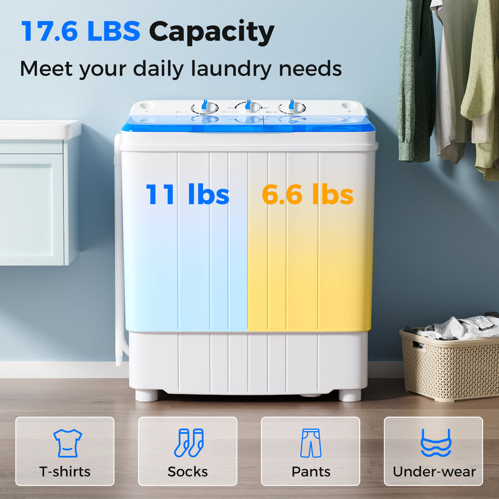 Portable washing machine with 17.6 lbs capacity, featuring dual tubs and built-in drain pump for efficient laundry.