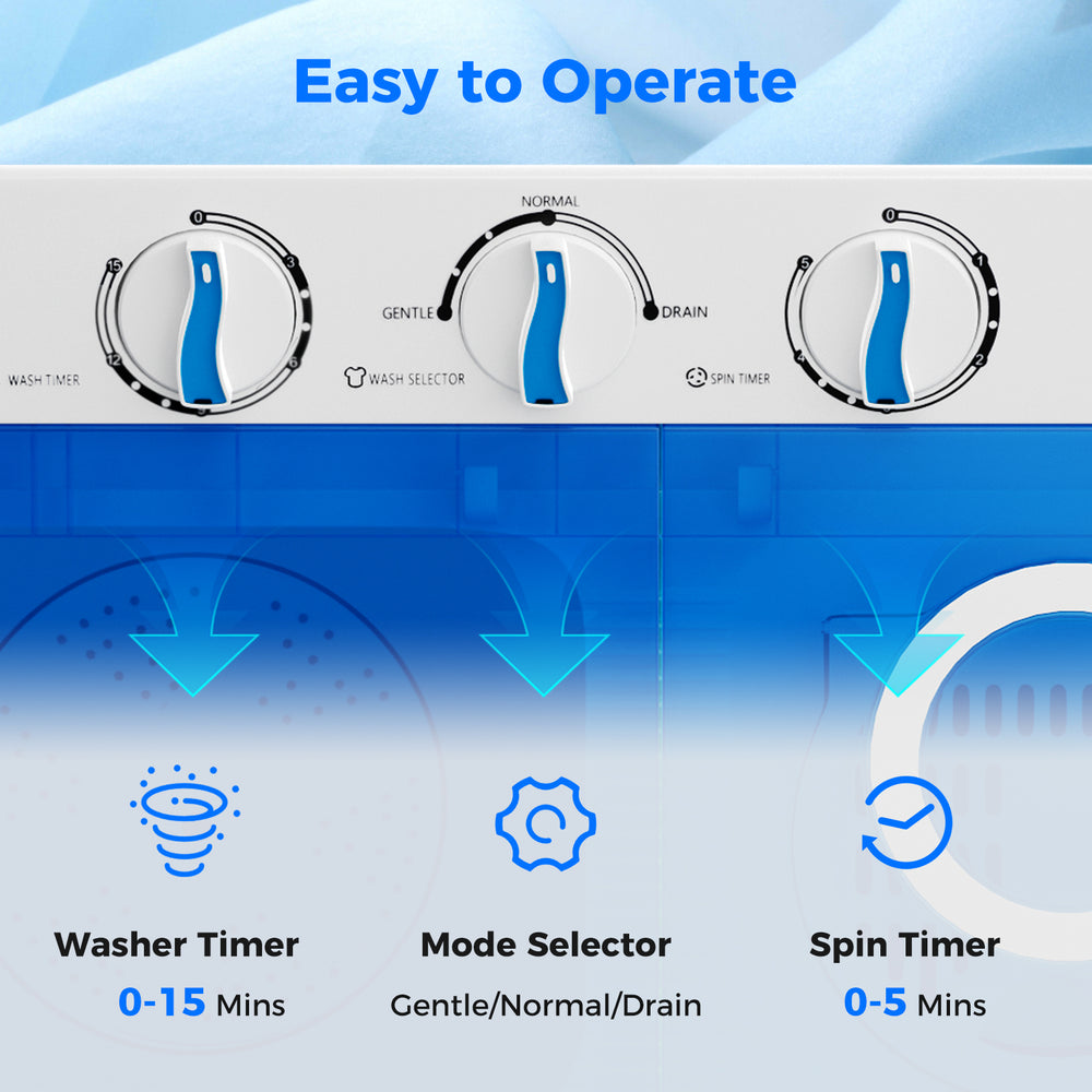 Portable washing machine control panel showing washer timer, mode selector, and spin timer for easy operation.