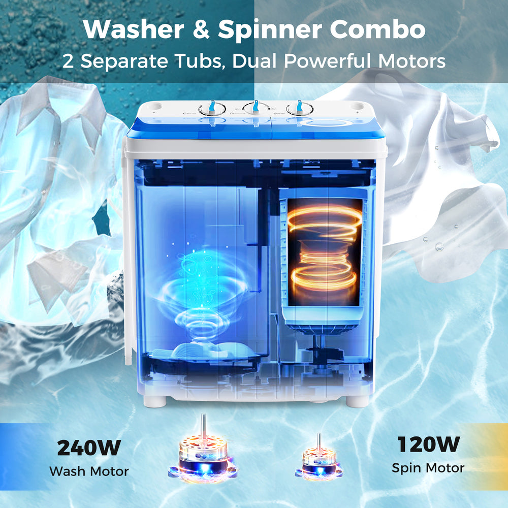 Portable washing machine with dual tubs, 240W wash motor, and built-in drain pump for efficient laundry in blue.