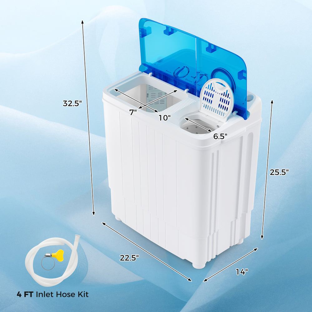 Portable washing machine with blue lid, 17.6 lbs capacity, dual tubs, built-in drain pump, ideal for apartments and RVs.