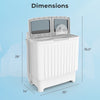 Portable washing machine dimensions showing 20 lbs capacity, twin tub design, and built-in gravity drain for efficient.