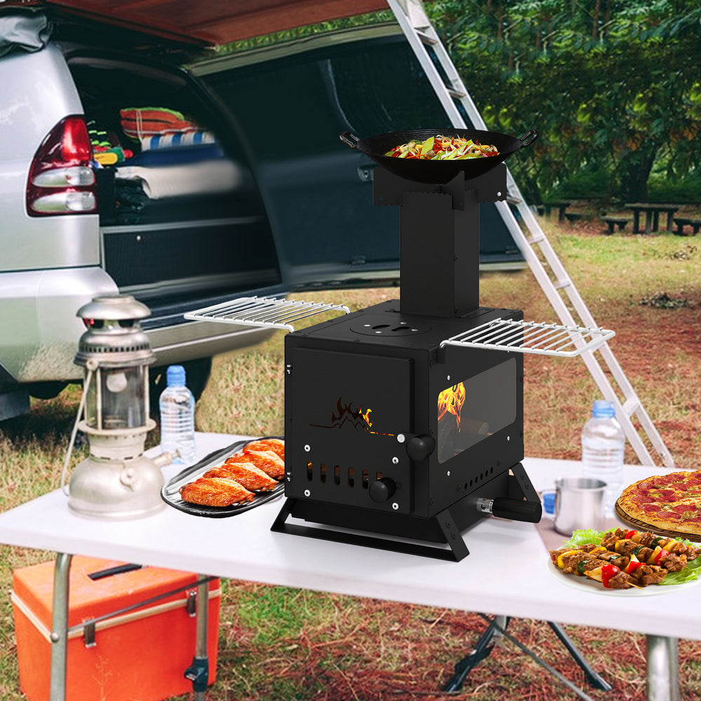 Portable wood burning stove with pot rack, featuring side grills and heat-resistant glass, perfect for outdoor cooking.