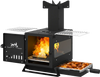 Portable wood burning stove with oven pan and side grills, made of robust SPCC, ideal for outdoor cooking.