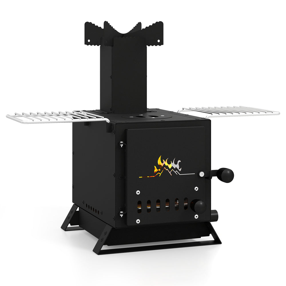 Portable wood burning stove in black with pot rack and side grills, ideal for cooking steak and soup outdoors.