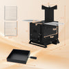 Portable wood burning stove with side grills and oven pan, made of SPCC, ideal for outdoor cooking and heating.