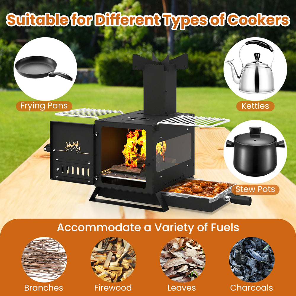 Portable wood burning stove with pot rack, made of SPCC, suitable for various fuels, ideal for outdoor cooking.