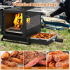 Portable wood burning stove with oven pan and side grills, ideal for cooking steak and kebabs outdoors.