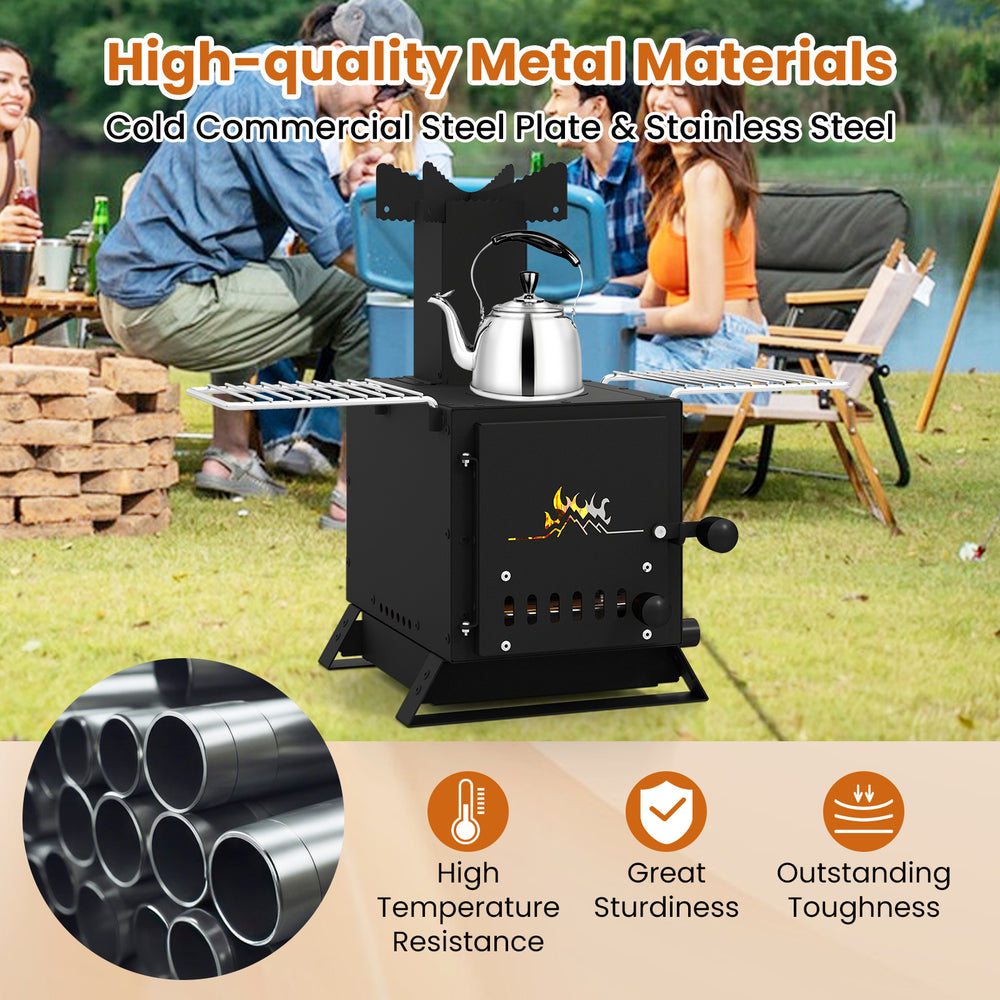 Portable wood burning stove in black with pot rack, made of SPCC, ideal for cooking steak and soup outdoors.