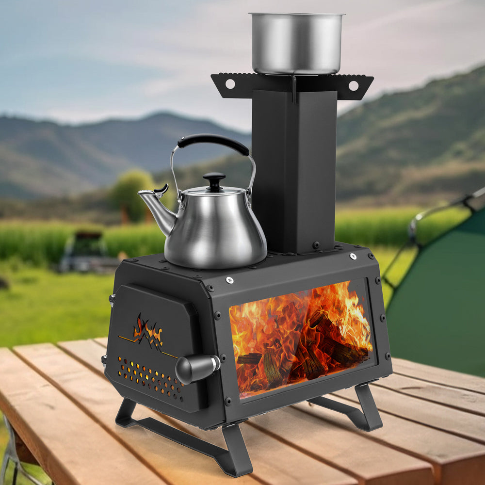 Portable wood camping stove with heat-resistant glass, dual cooking positions, and sturdy carbon steel design for.