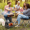 Patented portable wood camping stove in use, featuring two cooking positions and a lightweight design for outdoor.