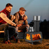Portable wood camping stove with heat-resistant window, dual cooking positions, and sturdy carbon steel for outdoor.