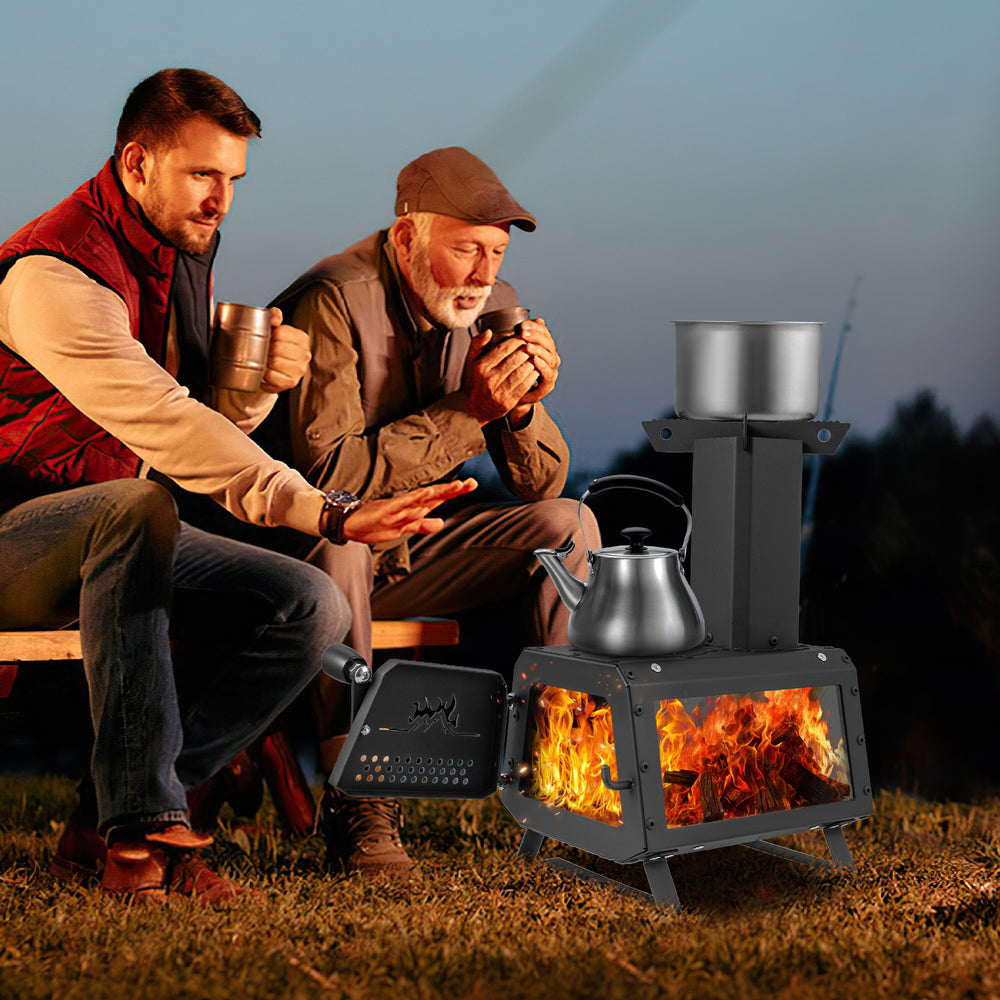 Portable wood camping stove with heat-resistant window, dual cooking positions, and sturdy carbon steel for outdoor.
