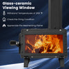 Glass-ceramic viewing window of a portable wood camping stove, showcasing flames for efficient cooking and visibility.
