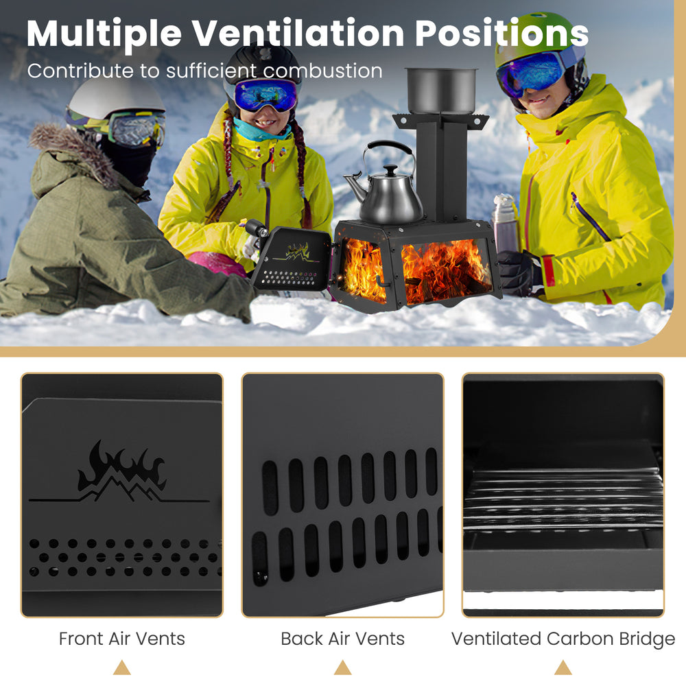 Portable wood camping stove with dual cooking positions, heat-resistant glass, and ventilated design for efficient.