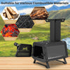 Portable wood camping stove with heat-resistant glass, carbon steel, and dual cooking positions for outdoor cooking.