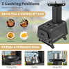Portable wood camping stove with dual cooking positions, durable carbon steel, suitable for various pot sizes and.
