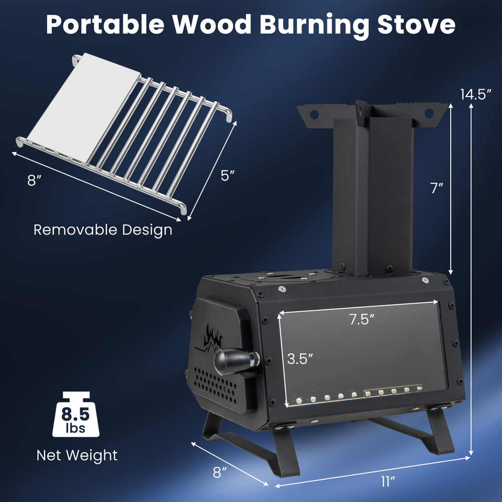 Portable wood camping stove with heat-resistant glass, dual cooking positions, and lightweight design for outdoor use.