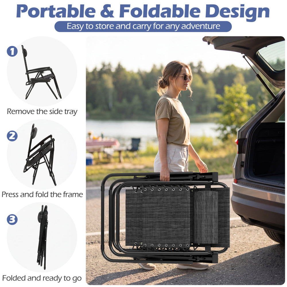 Portable zero gravity chair in gray with cup holder tray, folded for easy transport and outdoor adventures.
