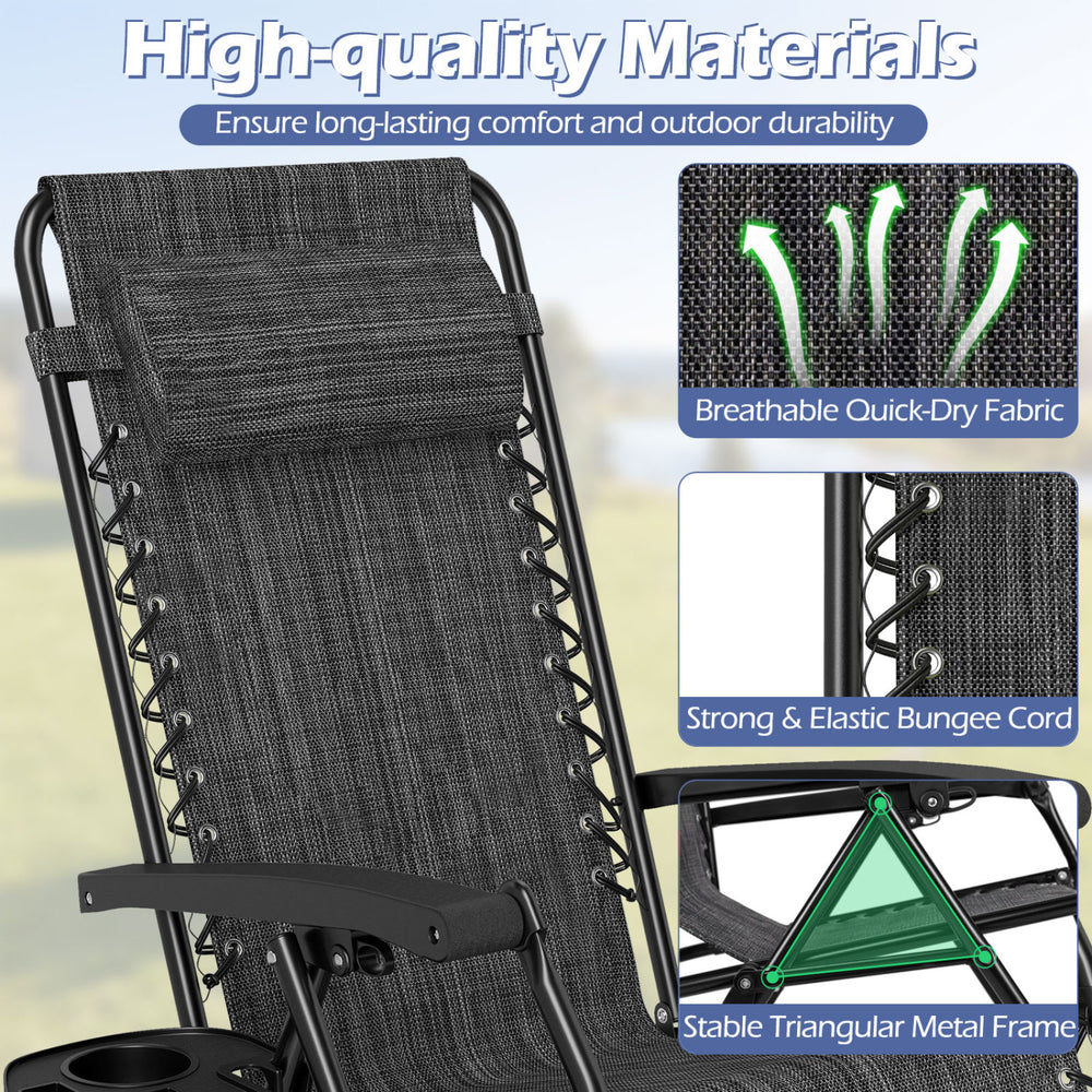 Portable zero gravity chair in gray with adjustable pillow, cup holder tray, and breathable quick-dry fabric for.