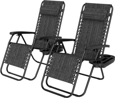 Costway Portable Zero Gravity Beach Chairs w/ Cup Holder Trays Backrest Set of 2 89090110 New