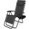 Portable zero gravity chair in gray with adjustable backrest and cup holder tray for outdoor relaxation.