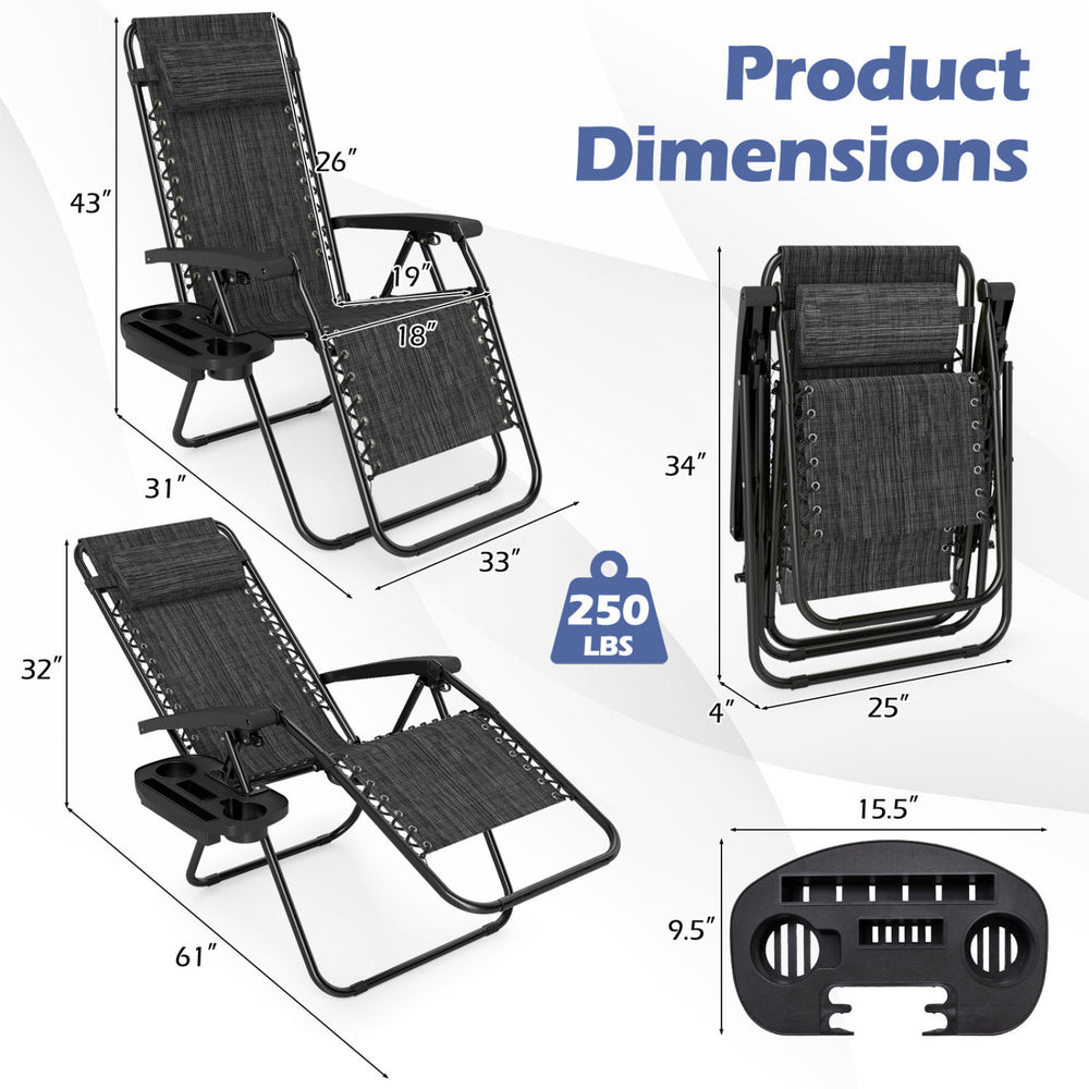Portable zero gravity chair set of 2 in gray with cup holder trays, adjustable pillow, and compact folding design.
