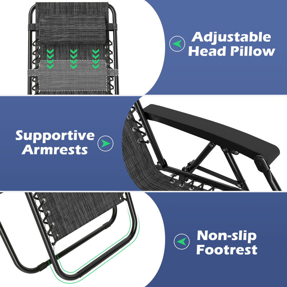 Adjustable head pillow and supportive armrests of gray portable zero gravity chair for outdoor relaxation.