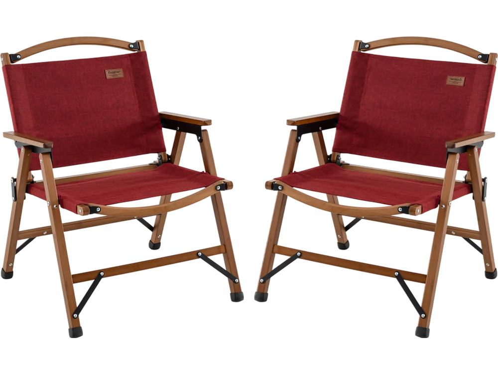 Two portable red folding camping chairs with bamboo frames, ideal for outdoor leisure and easy travel.