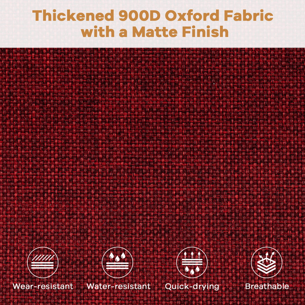Close-up of thickened 900D Oxford fabric in red, showcasing its wear-resistant, waterproof, and breathable features.