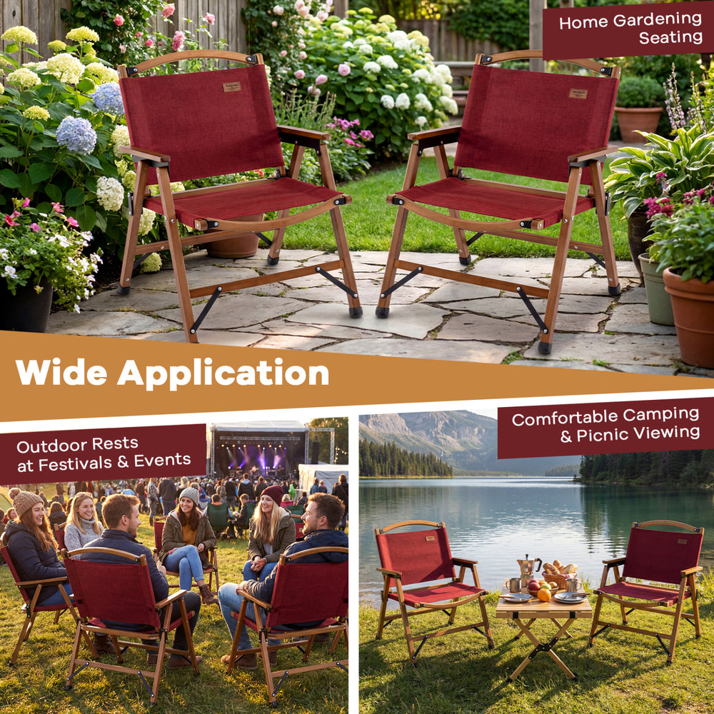 Portable red folding camping chair with bamboo frame, perfect for outdoor picnics and comfortable lounging.