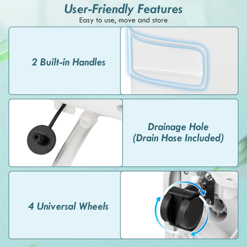 User-friendly features of the 8000 BTU portable air conditioner, including drainage hole, handles, and universal wheels.
