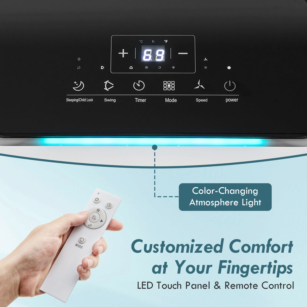 Portable air conditioner with remote control and LED display, featuring customizable comfort and color-changing.