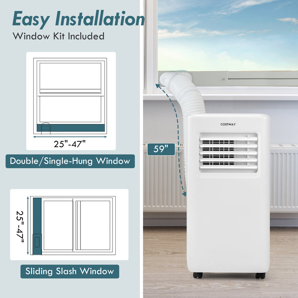 Portable 8000 BTU air conditioner with remote control, LED display, and window installation kit for easy setup.