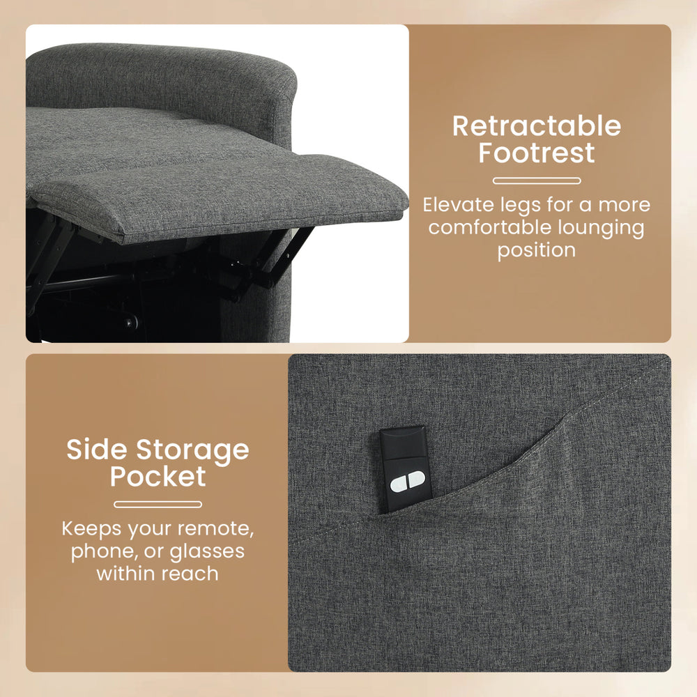 Retractable footrest and side storage pocket of the gray power lift recliner chair for elderly comfort and convenience.