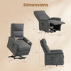 Power lift recliner chair in gray with dimensions, featuring electric lift, remote control, and side storage pocket.