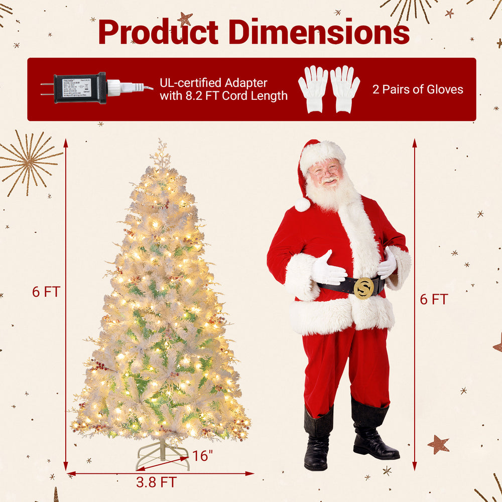Pre-lit artificial Christmas tree with snow flocked tips, 6 FT tall, featuring warm white LED lights and red berries.