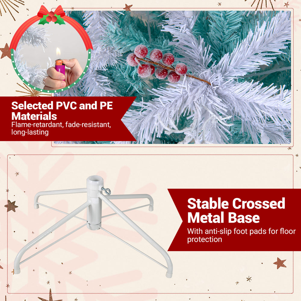 Pre-lit artificial Christmas tree with snow flocked branches and stable crossed metal base for easy setup and floor.
