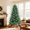 Pre-lit artificial Christmas tree with multicolored LED lights, featuring natural pine cones and a full, vivid look.
