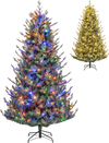 Pre-lit artificial Christmas tree with multicolored LED lights, featuring natural pine cones and adjustable brightness.