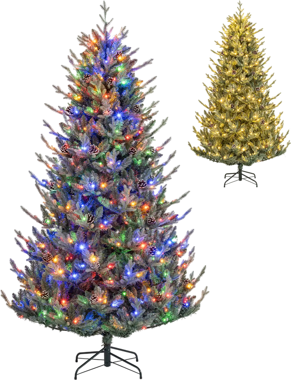 Pre-lit artificial Christmas tree with multicolored LED lights, featuring natural pine cones and adjustable brightness.