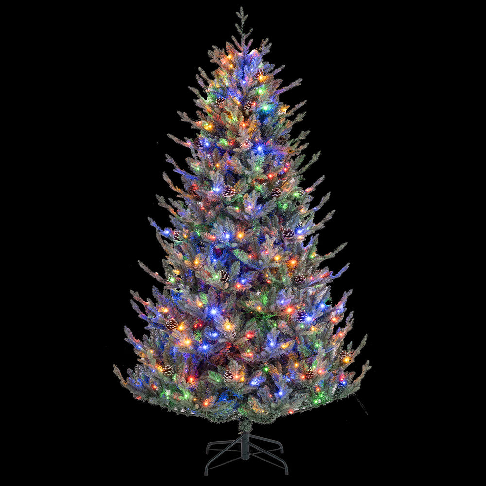 Pre-lit artificial Christmas tree with multicolored LED lights, showcasing vibrant twigs and a foldable metal base for.