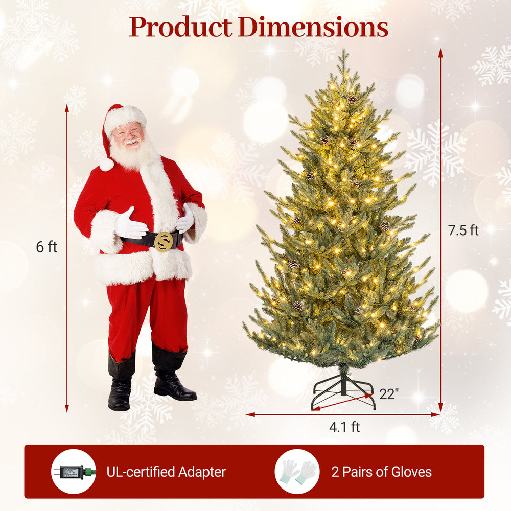 Pre-lit artificial Christmas tree with multicolored LED lights, 7.5 ft tall, featuring 714 branch tips and natural pine.