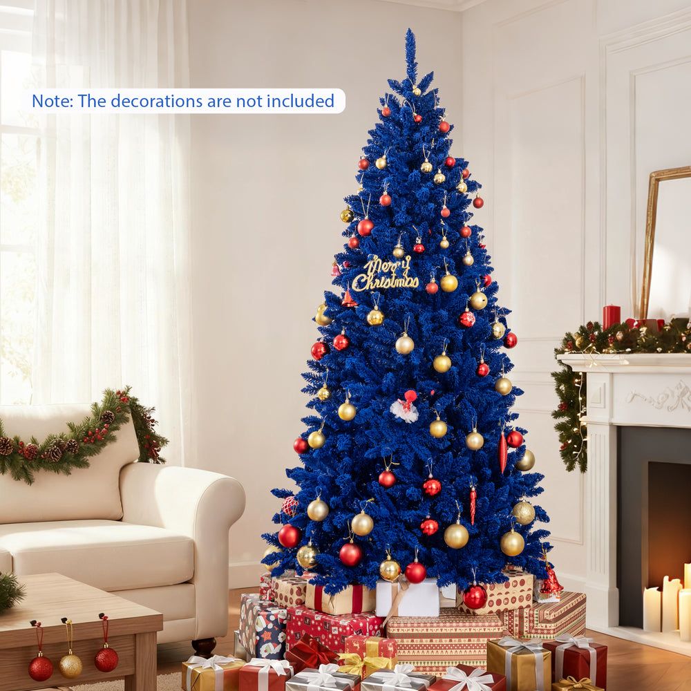 Vibrant 7 ft pre-lit artificial Christmas tree in royal blue with 340 LED lights, perfect for festive decor.
