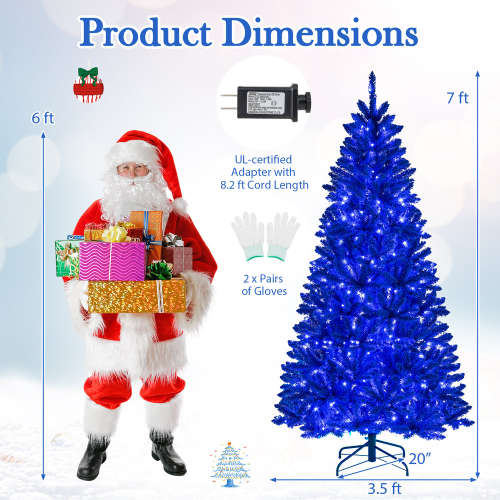 7 ft pre-lit artificial Christmas tree in vibrant royal blue with 340 LED lights, featuring 3 modes and a stable metal.